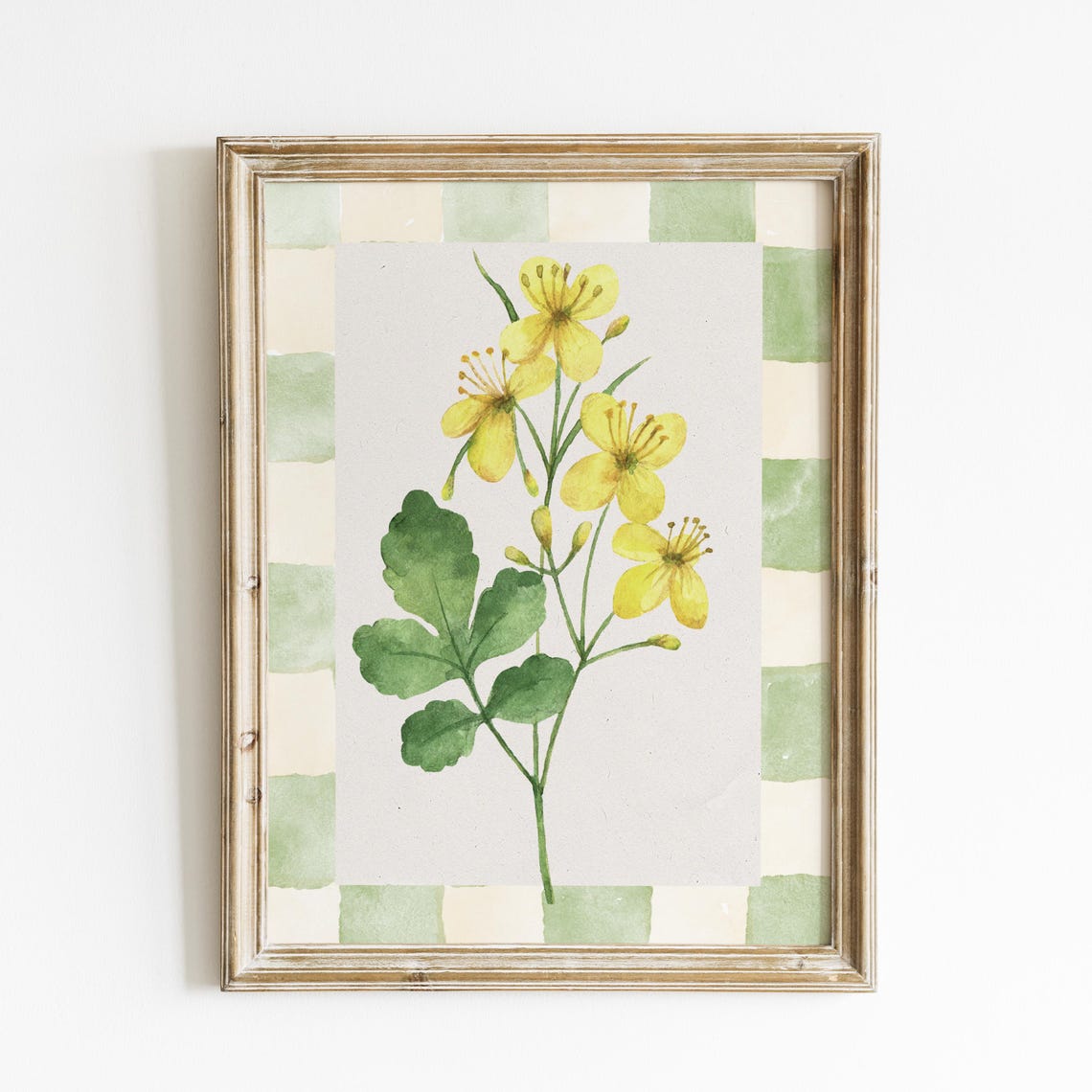 Yellow Wildflower Watercolor with Green Gingham Border Print