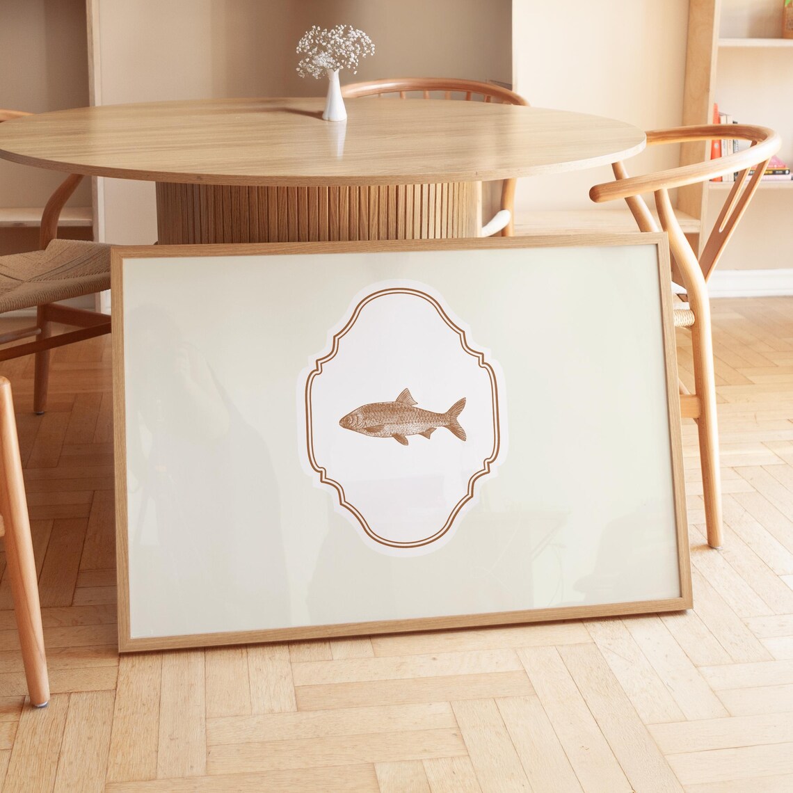 Cream Horizontal Fish Illustration Print Wall Art Trendy Decor Vintage