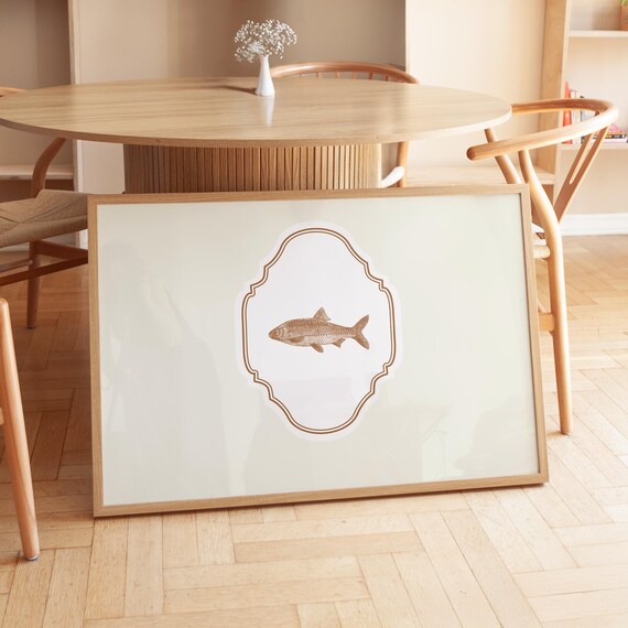 Cream Horizontal Fish Illustration Print Wall Art Trendy Decor Vintage