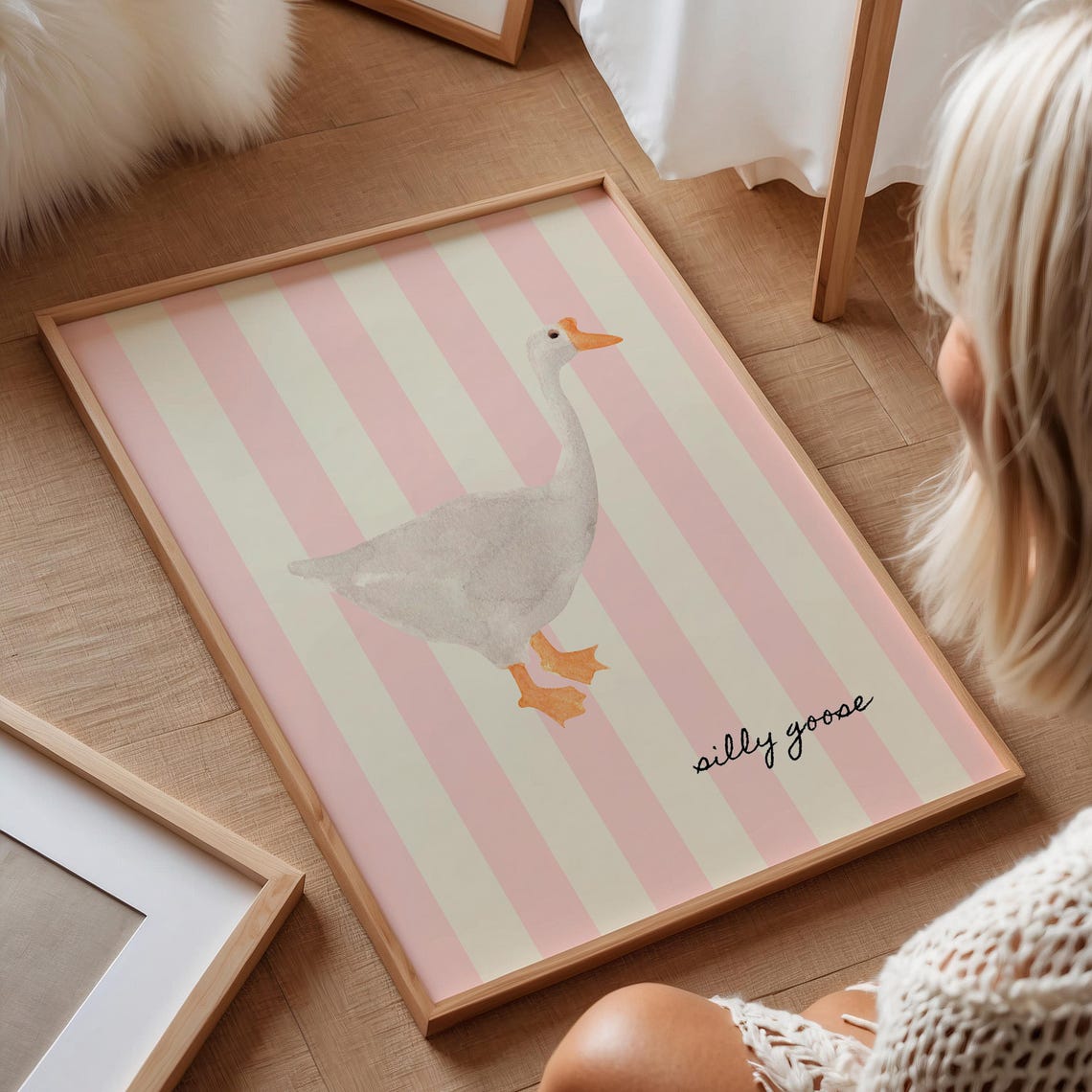 Silly Goose Pink Striped Nursery Kids Room Cute Animal Art Print - Image 2
