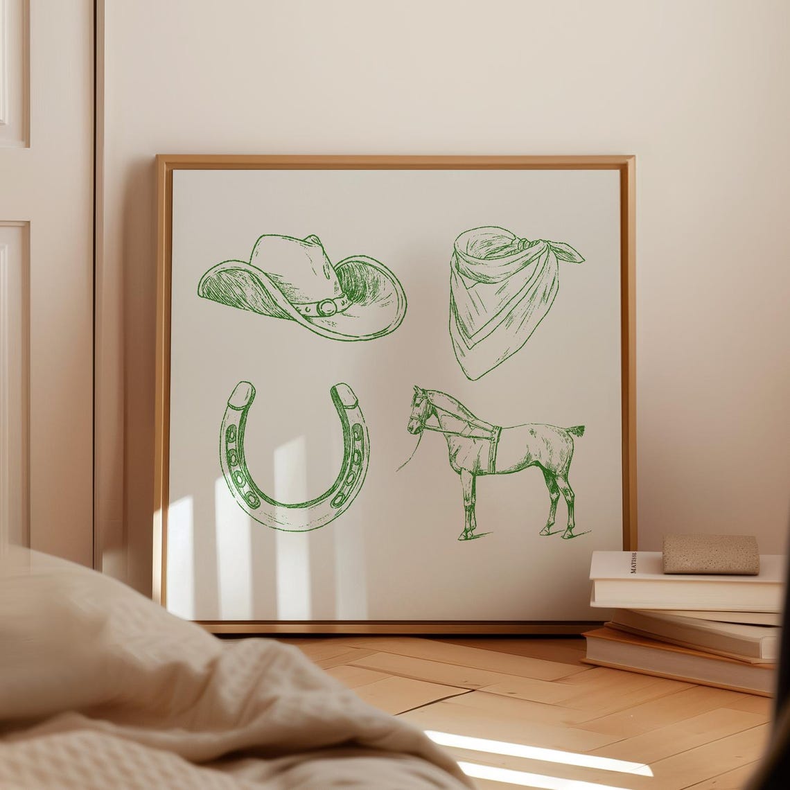Western Cowboy Hat Horseshoe Horse Green Line Sketch Square Wall Art