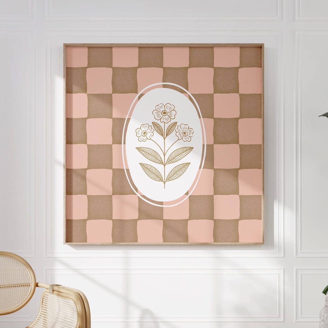 Mauve Rose Gold Floral Oval on Pink Checkered Modern Botanical Print - Image 3