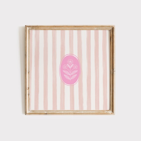 Blush Striped Floral Pattern with Pink Oval Medallion Art Poster