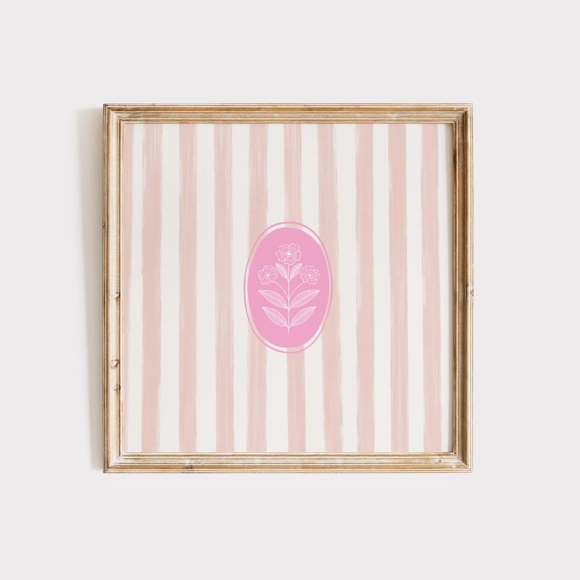 Blush Striped Floral Pattern with Pink Oval Medallion Art Poster