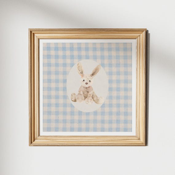 Vintage Gingham Stuffy Bunny Print Wall Art Kitchen Living Room Art Blue Thin Line Print Nursery Square Art