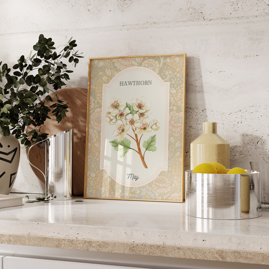 May Hawthorn Birth Flower Vintage Botanical Illustration Poster - Image 2
