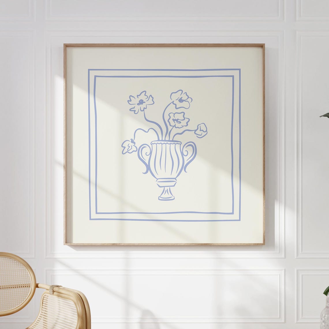 Periwinkle Blue Line Poppies Urn Vase Double Border Sketch Art Poster - Image 4