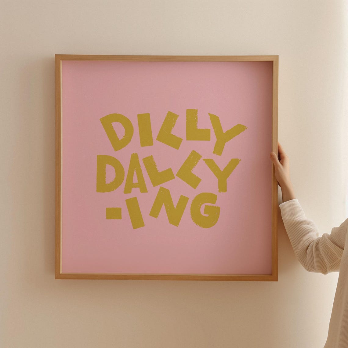 Playful Dilly Dallying Gold Lettering Typography on Pink Poster - Image 2