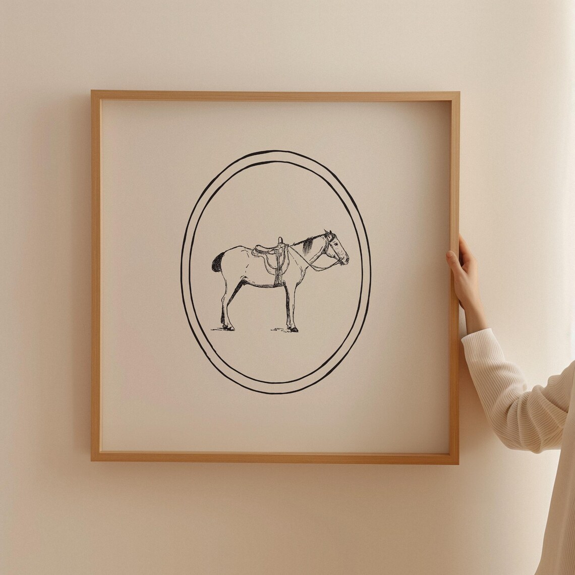 Saddled Horse Sketch In Oval Minimalist Equestrian Art Poster - Image 3