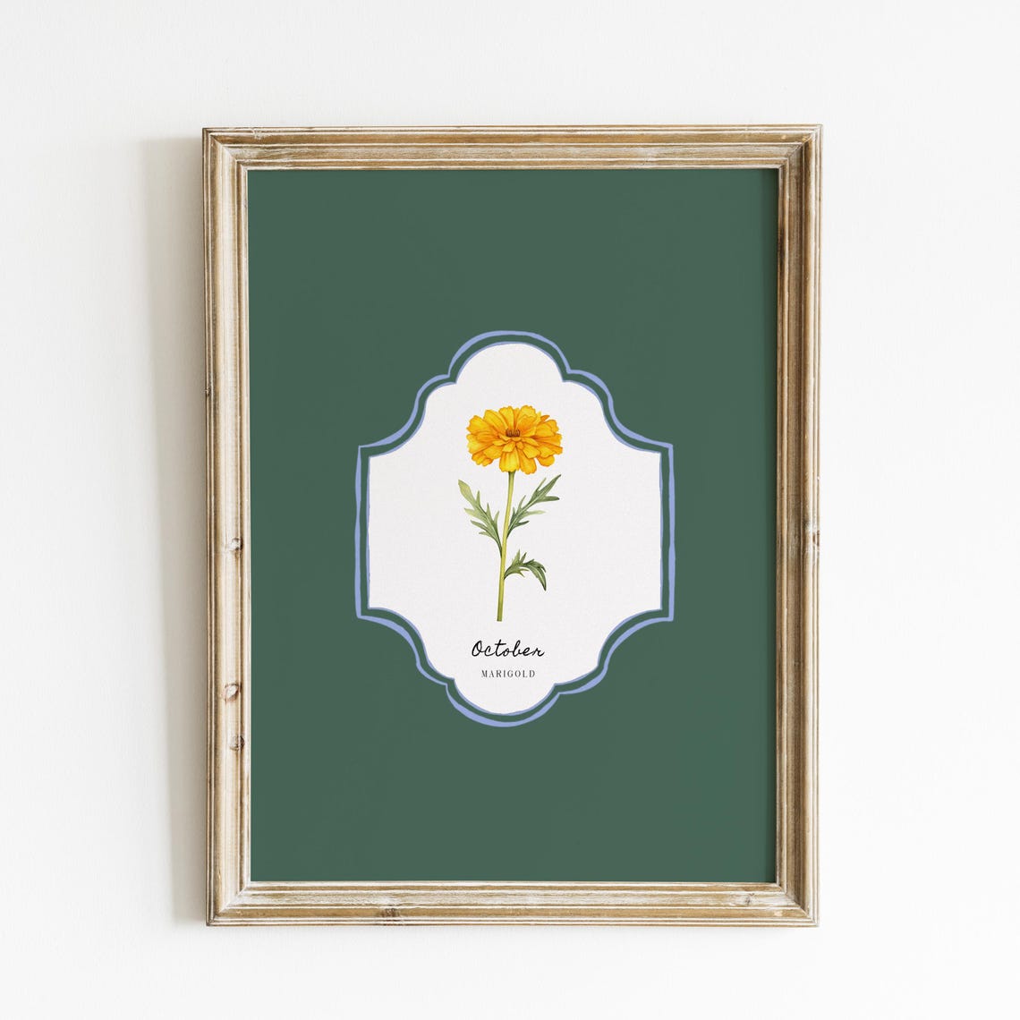 October Marigold Birth Flower Deep Green Botanical Vintage Wall Art