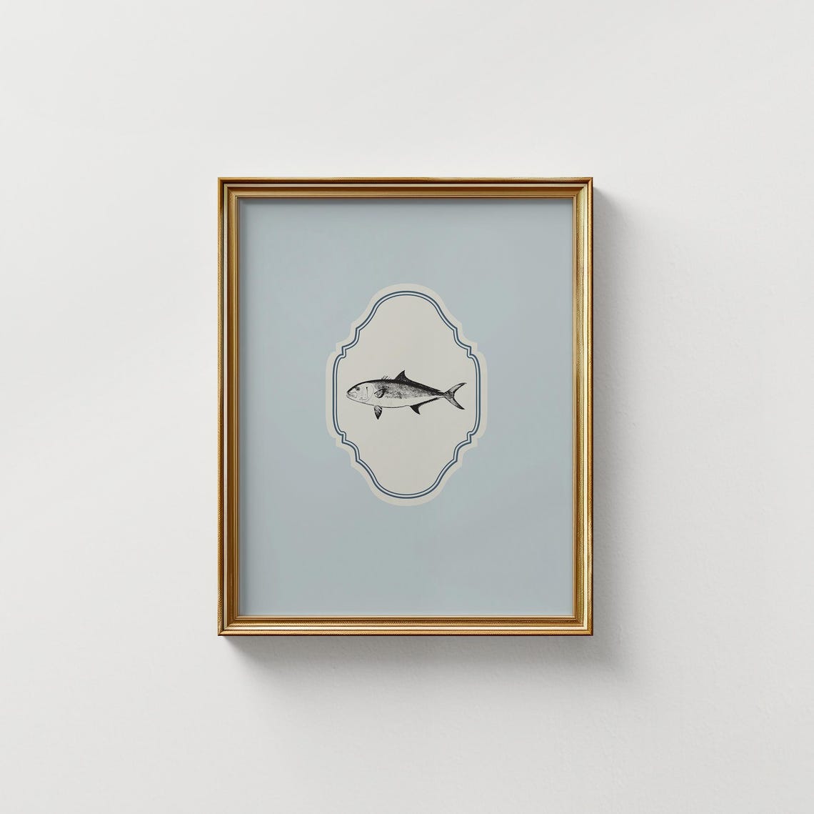 Baby Blue Vertical Fish Engraving Coastal Ornate Vintage Poster - Image 4