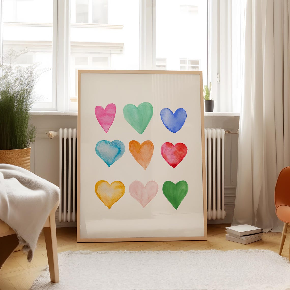 Colorful Watercolor Hearts Grid Love Nursery Rainbow Wall Art Poster - Image 2