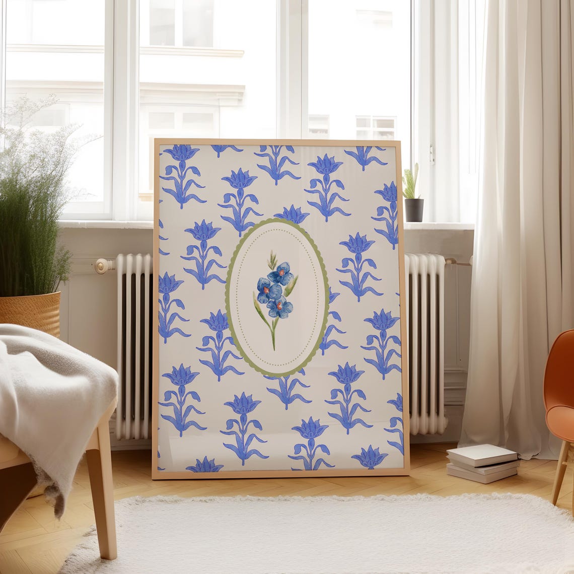 Vintage Blue Floral Cameo Medallion Heritage Garden Pattern Poster - Image 2