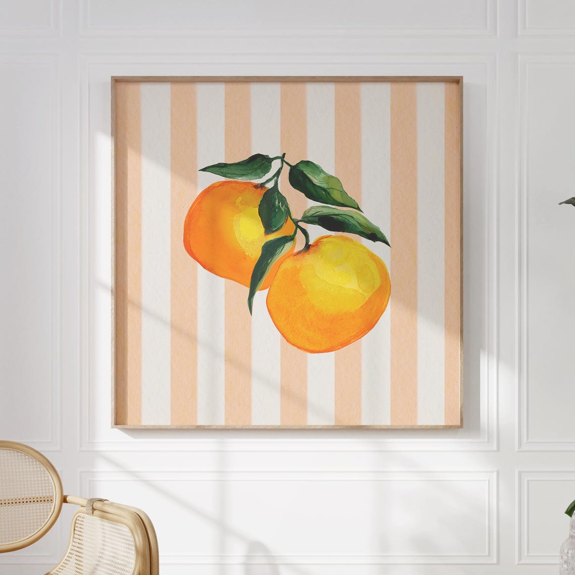 Watercolor Oranges on Branch with Peach Striped Background Poster