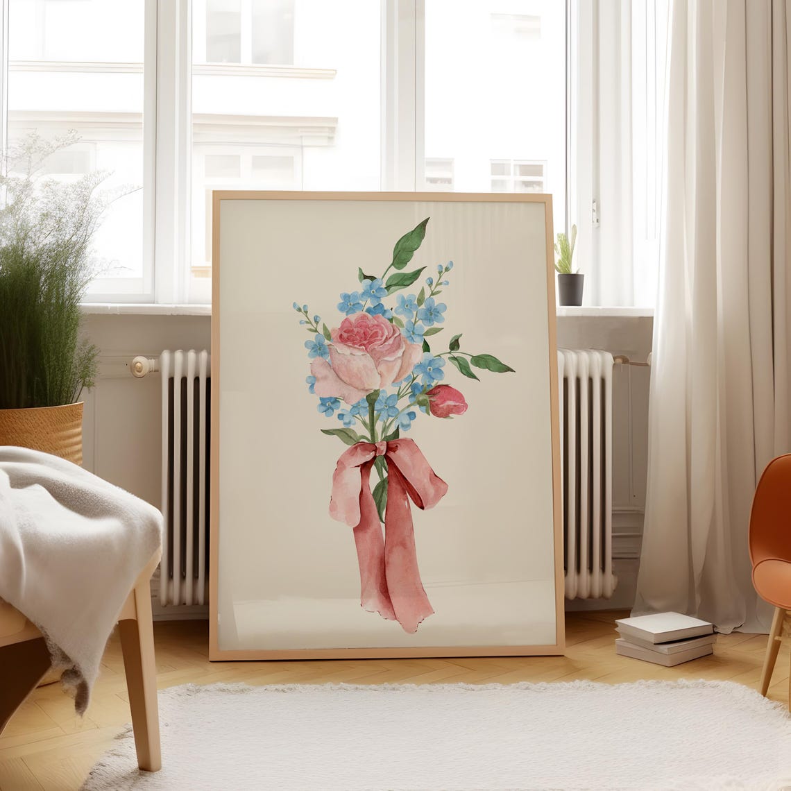Watercolor Rose Bouquet Pink Bow Blue Wildflowers Romantic Wall Art - Image 5