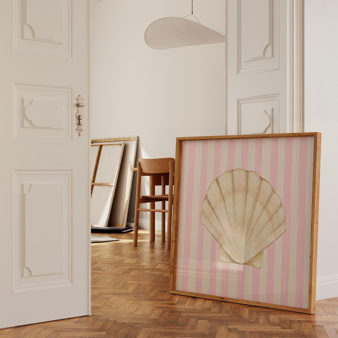 Soft Pink Striped Watercolor Shell Art Print - Image 4