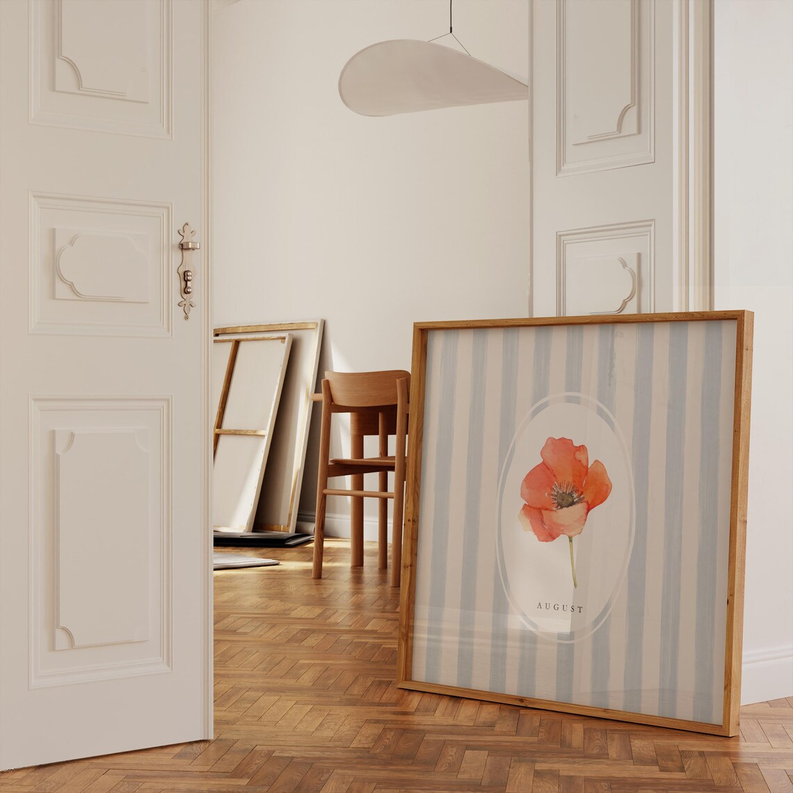 August Poppy Birth Month Flower Watercolor Striped Art Poster - Image 2