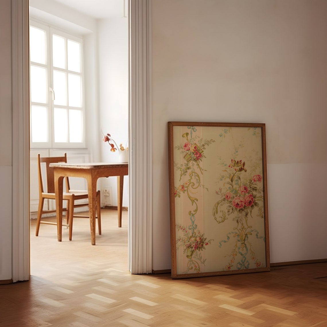 Victorian Rococo Floral Wallpaper with Pink Roses Scrollwork Poster