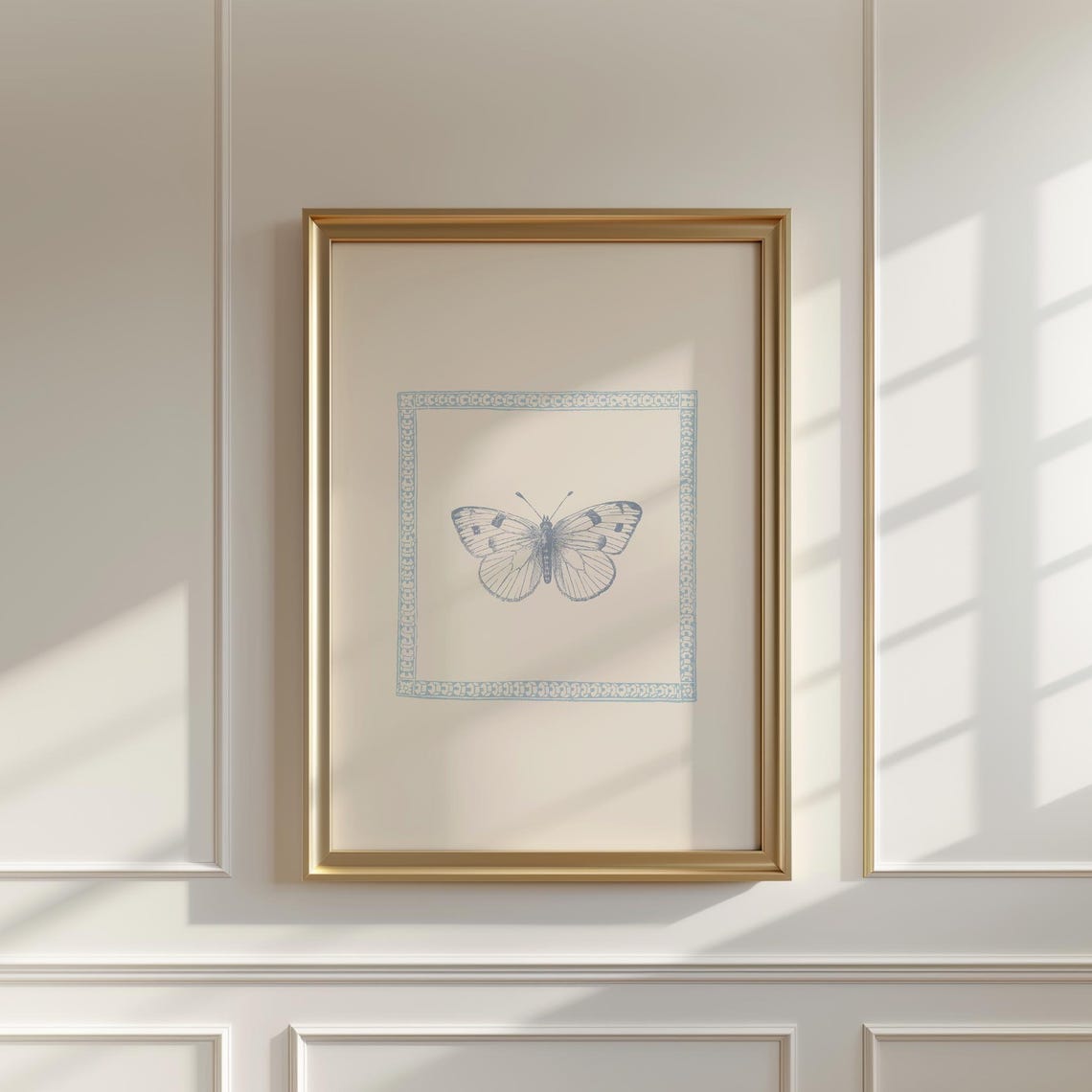 Blue Grey Butterfly Ornate Border Vintage Illustration Print - Image 2