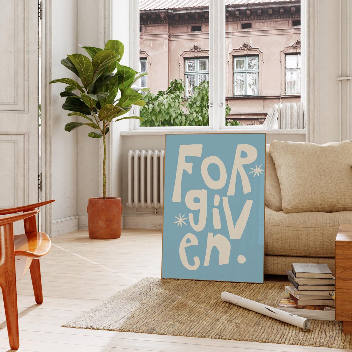 Forgiven Cream Lettering Sky Blue Christian Quote Square Decor Poster - Image 3