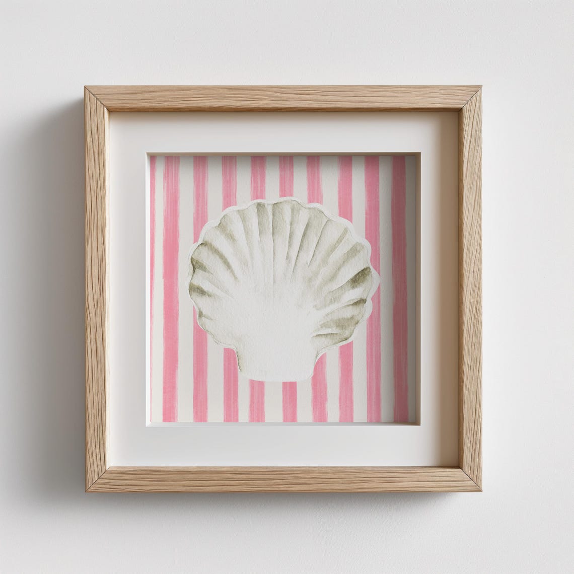White Scallop Shell Pink Striped Background Coastal Watercolor Poster - Image 2