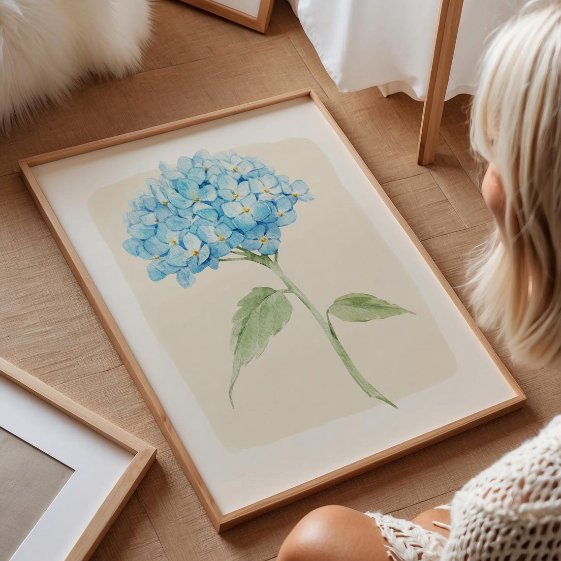 Blue Hydrangea Watercolor Botanical Wall Art Print Styled Pair Set - Image 2