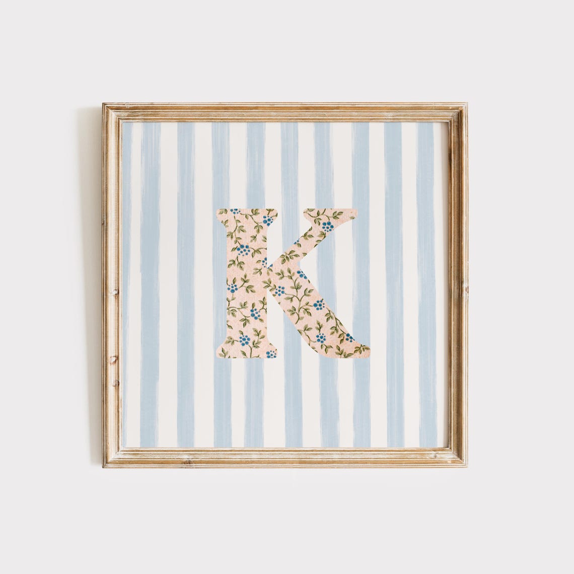 Floral Chintz Letter K Monogram Initial Blue Striped Wall Poster - Image 2