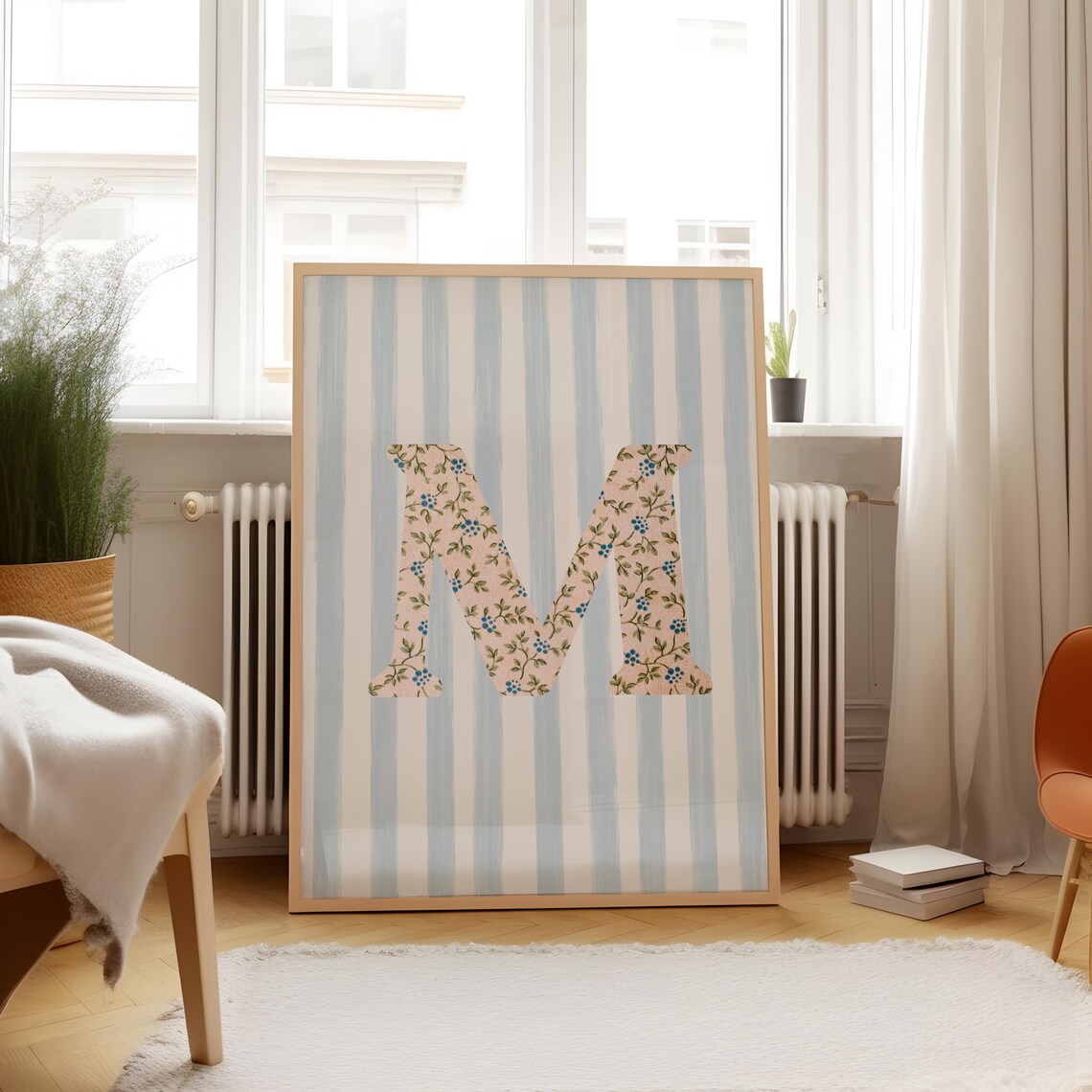 M Initial Floral Letter Watercolor Art Print