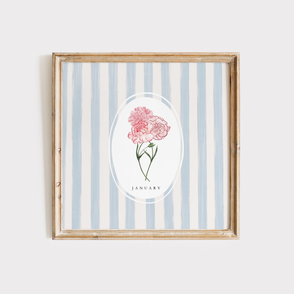January Pink Carnation Birth Month Flower Blue Stripe Watercolor Gift Poster