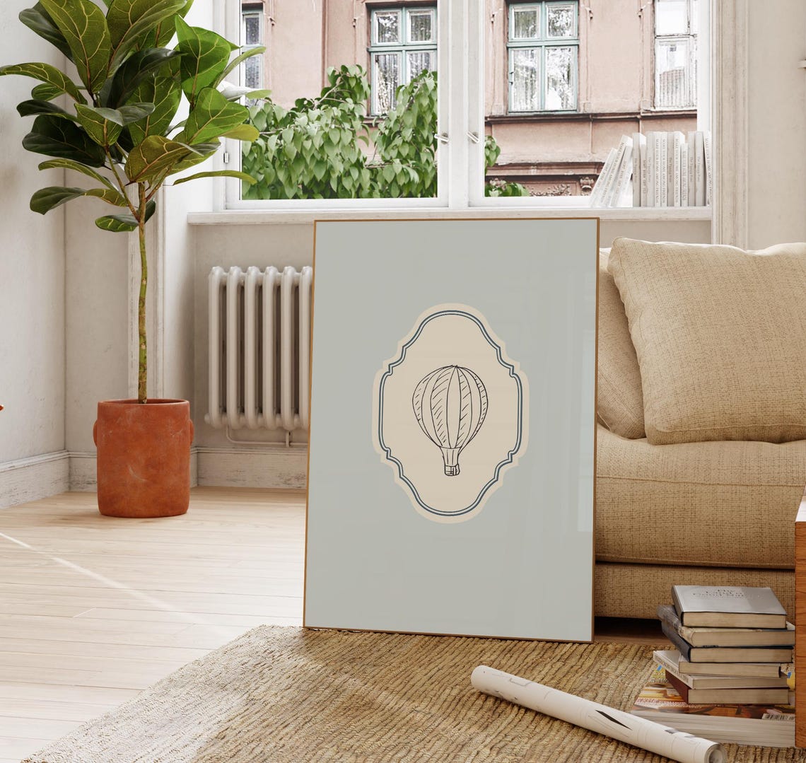 Vintage Hot Air Balloon Line Art Blue Ornate Vertical Nursery Poster - Image 3