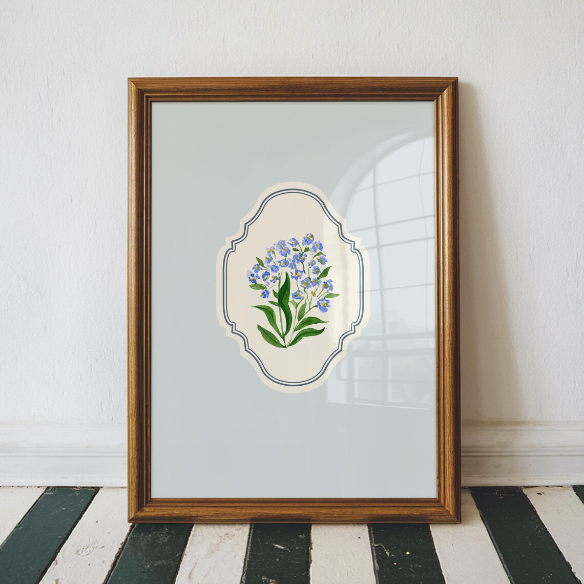 Forget Me Not Wildflowers Watercolor Baby Blue Ornate Vertical Poster - Image 2