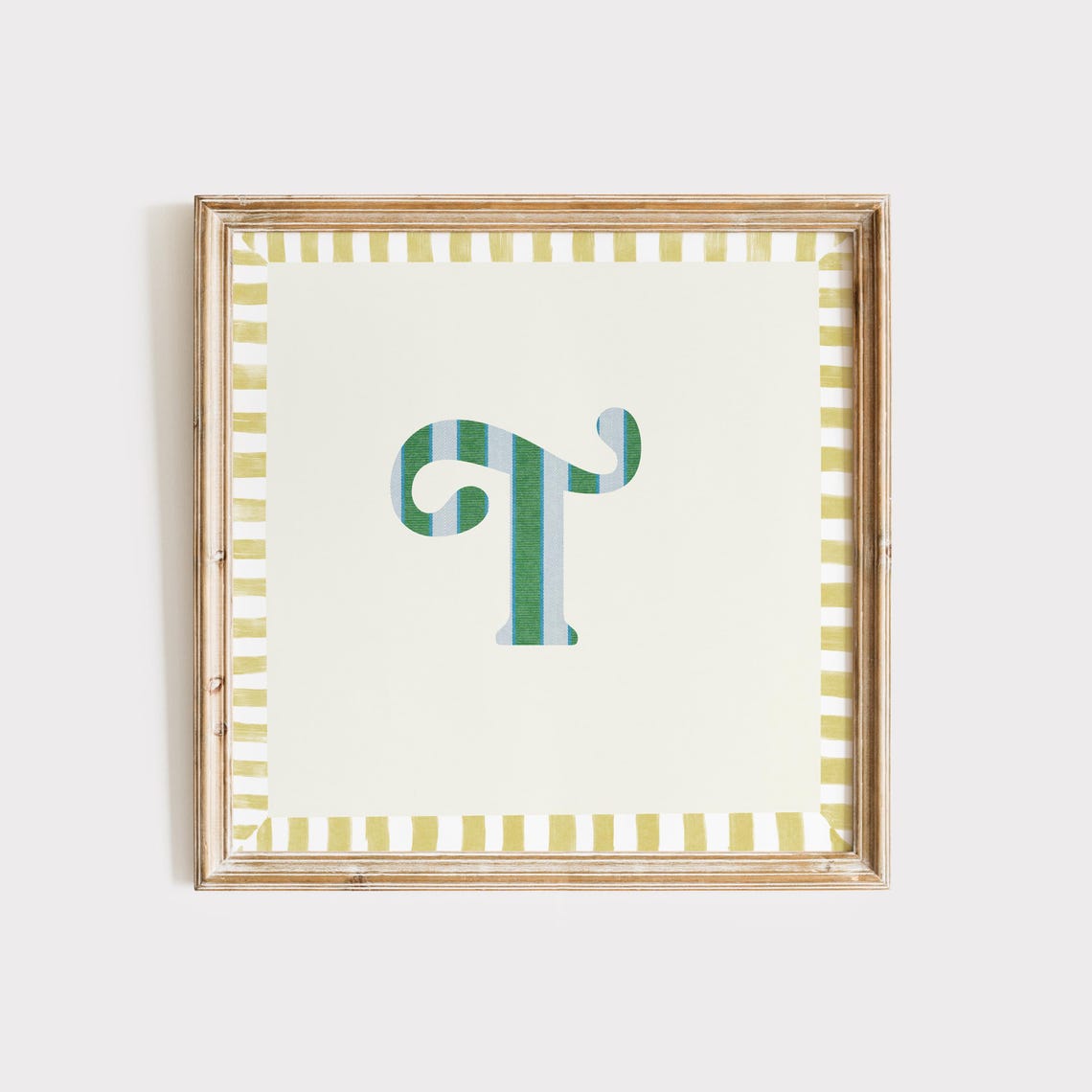 Swash Letter T Green Blue Striped Monogram Cream Framed Art Print