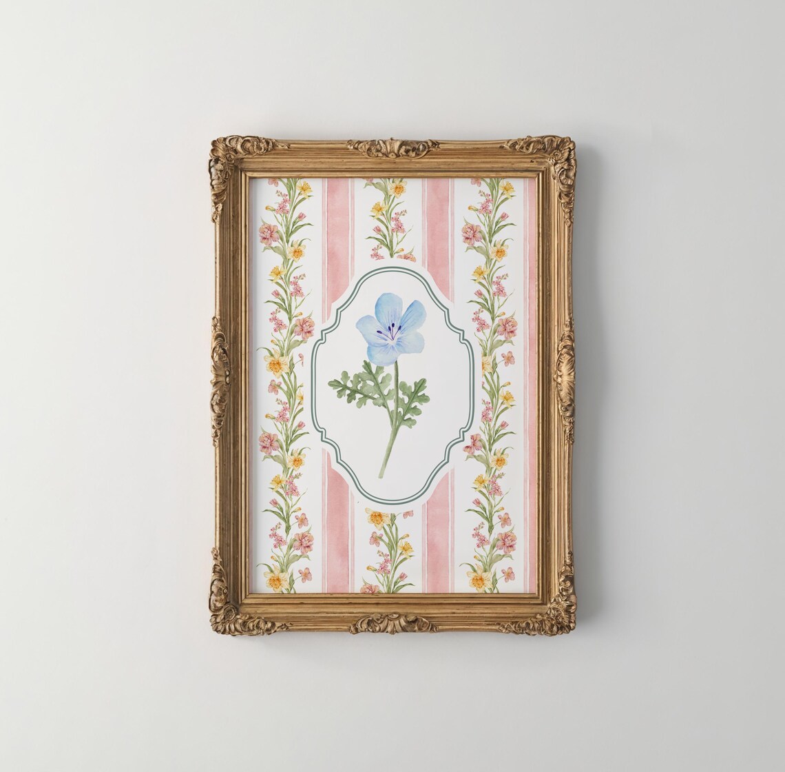 Vintage Floral Stripe Paisley Blue Flower Botanical Wall Art Poster - Image 2