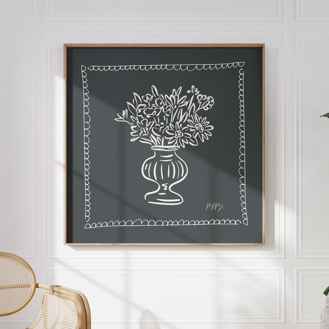 Black Background Cream Line Bouquet Vase Scalloped Border Art Poster - Image 5