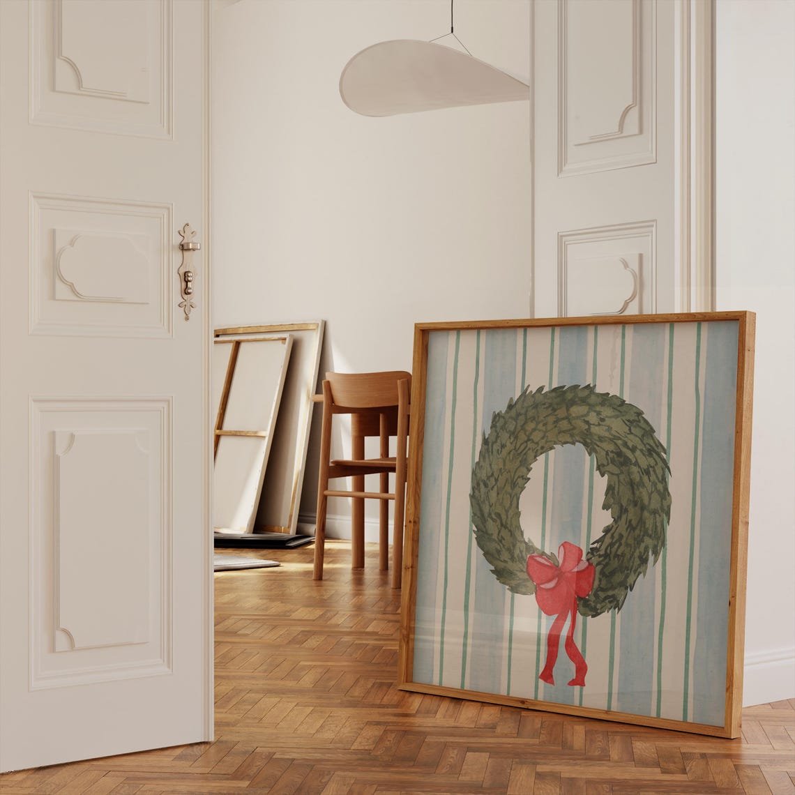 Green Christmas Wreath with Red Bow on Striped Blue Background Poster - Image 3