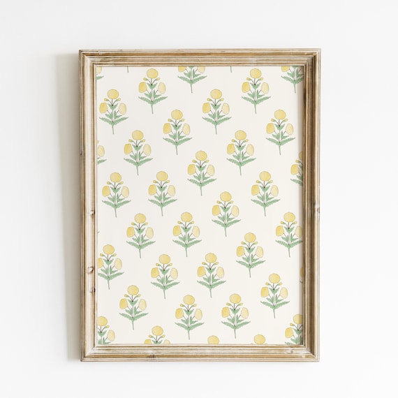 Yellow Dahlia Floral Poster with Vintage Retro Block Pattern Art