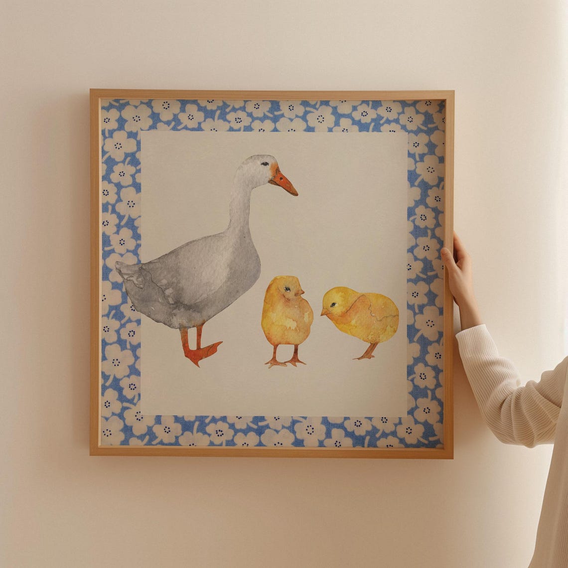 Grey Goose and Yellow Chicks Watercolor Floral Border Nursery Poster - Image 2