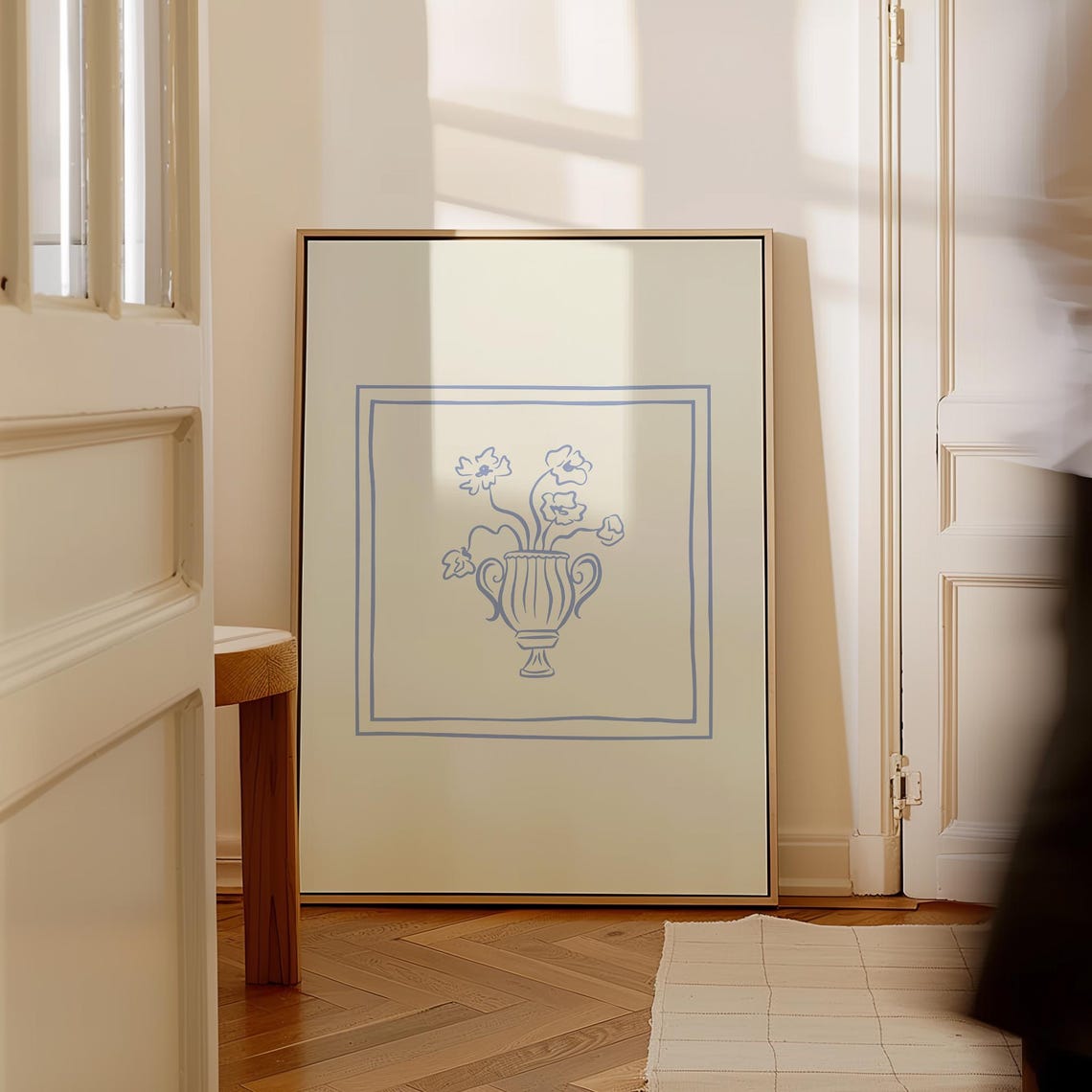 Light Blue Floral Urn Double Border Line Art Cream Simple Art Poster