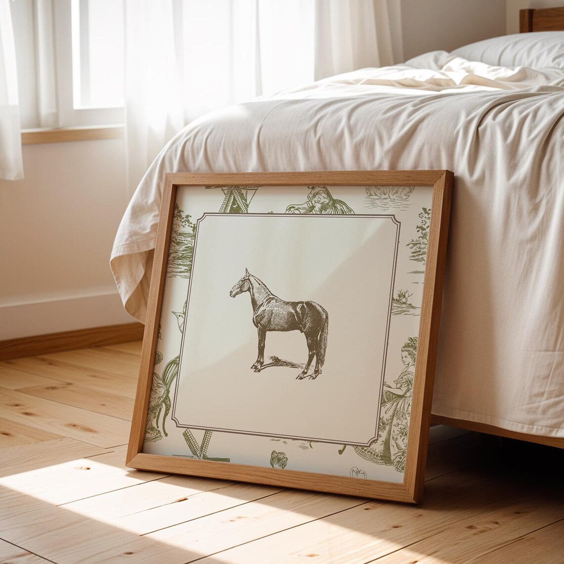 Vintage Green Toile Horse Art Print, Cottage Decor - Image 3