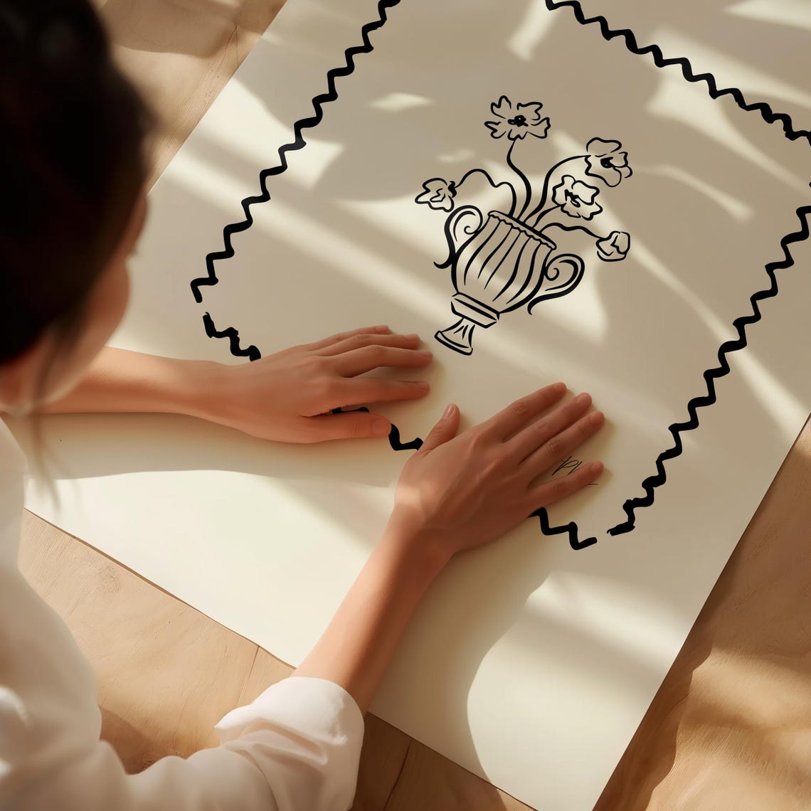 Black Floral Urn Stamp Border Line Art Cream Minimal Wall Art Poster - Image 3