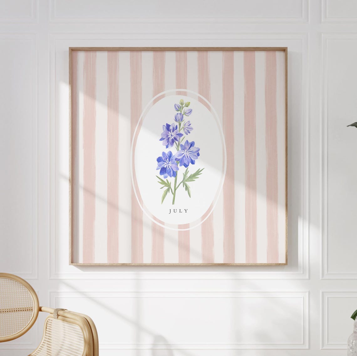 July Larkspur Birth Flower Blush Pink Stripe Botanical Poster - Image 3