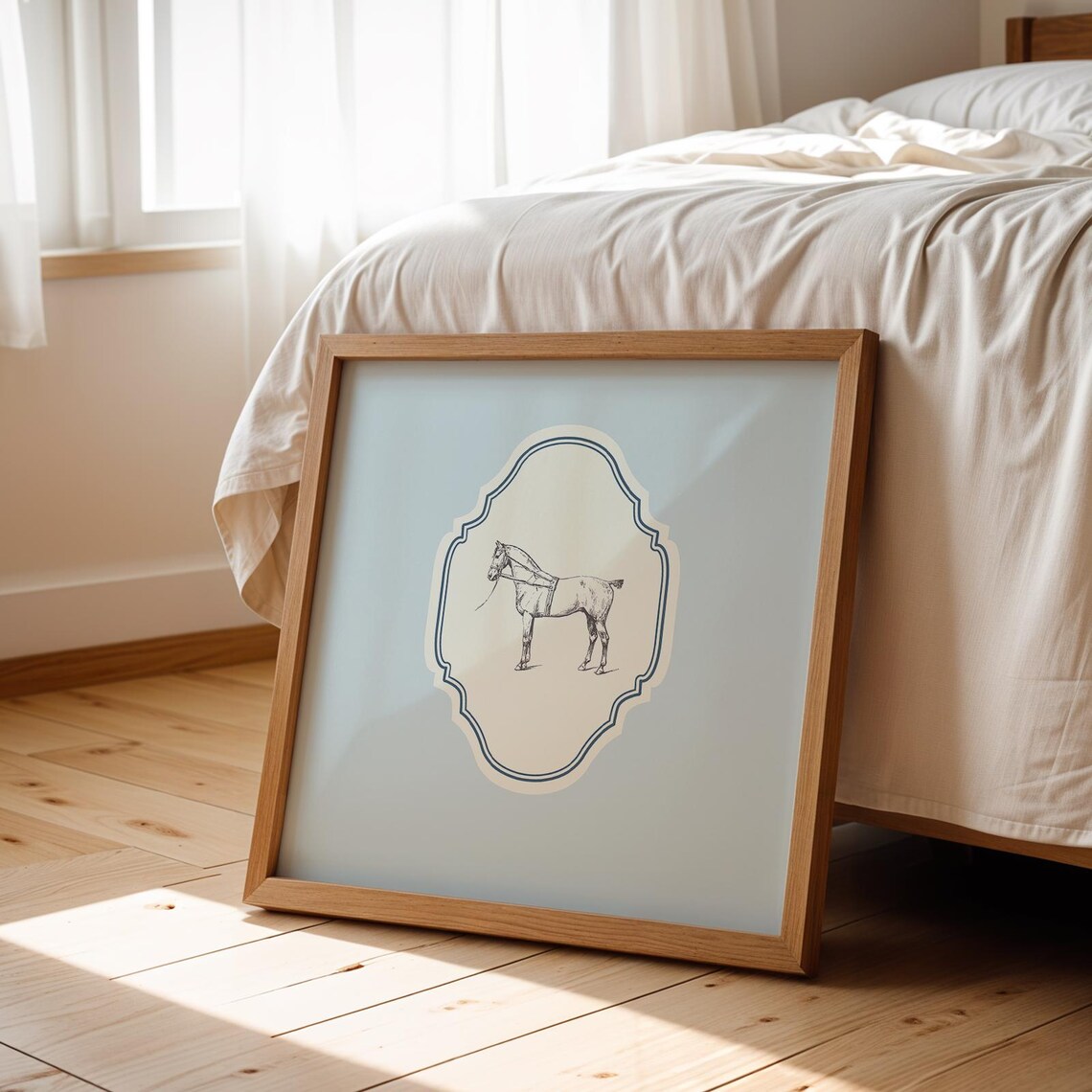 Vintage Horse Line Drawing Baby Blue Ornate Square Nursery Poster - Image 3