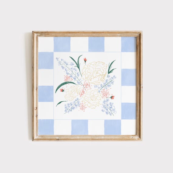 Checkered Watercolor Floral Print Art Wall Art Trendy Decor Botanical Illustration Living Room Cottagecore Nursery Dorm Room