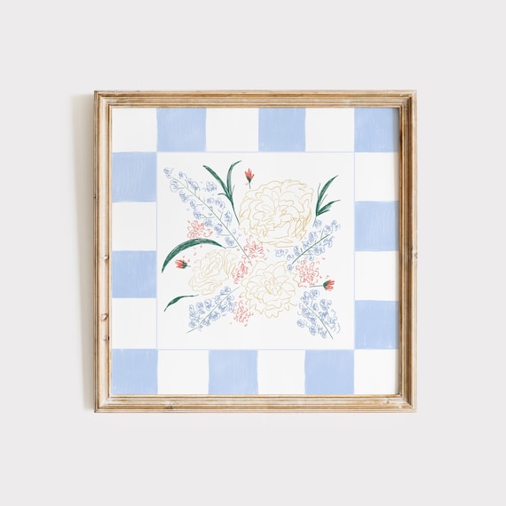 Delicate Peony Blossom Line Bouquet Blue Checkered Border Poster