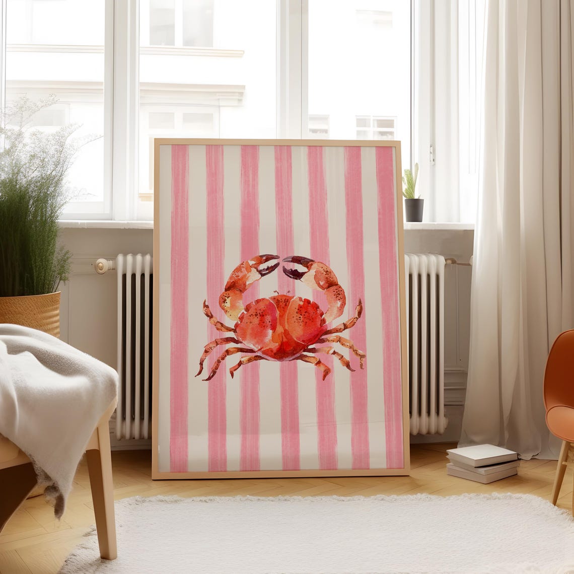 Red Watercolor Crab Pink Stripe Background Coastal Animal Art Poster