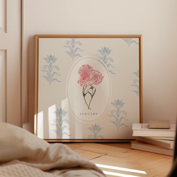 January Pink Carnation Bloom Birth Month Flower Botanical Pattern Art Poster