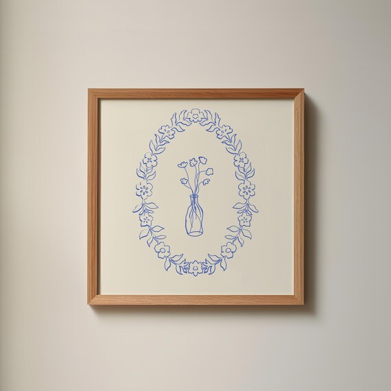Blue Line Wildflower Vase Bouquet in Floral Wreath on Cream Poster