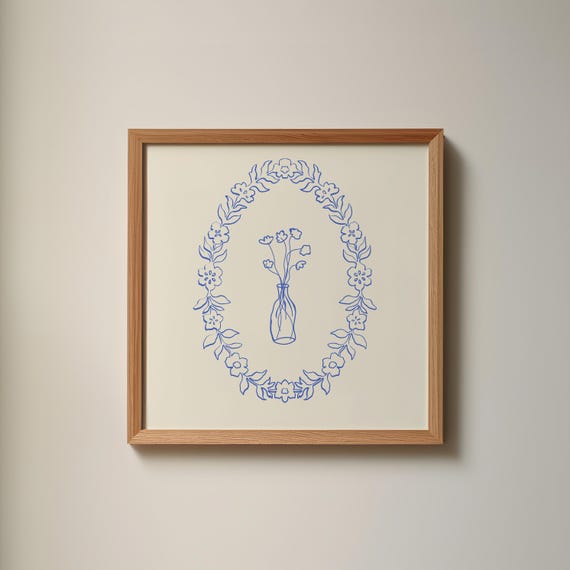 Blue Vase Floral Print Instant Wall Art Trendy Decor Botanical Illustration Living Room Art Cottage Nursery
