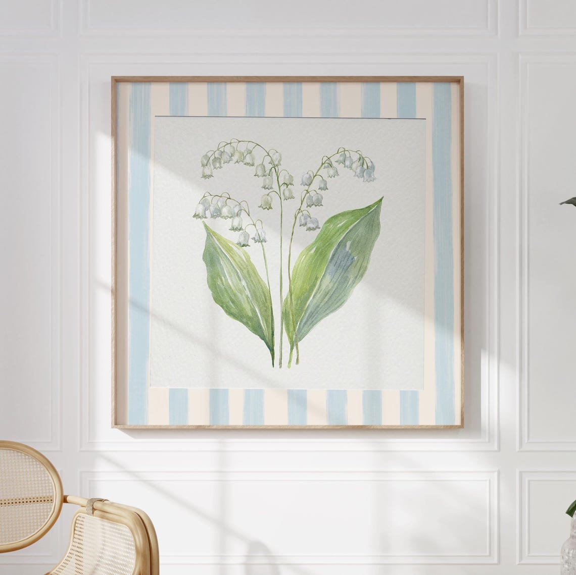 Lily Of The Valley Watercolor Painting On Blue Striped Border Poster - Image 2