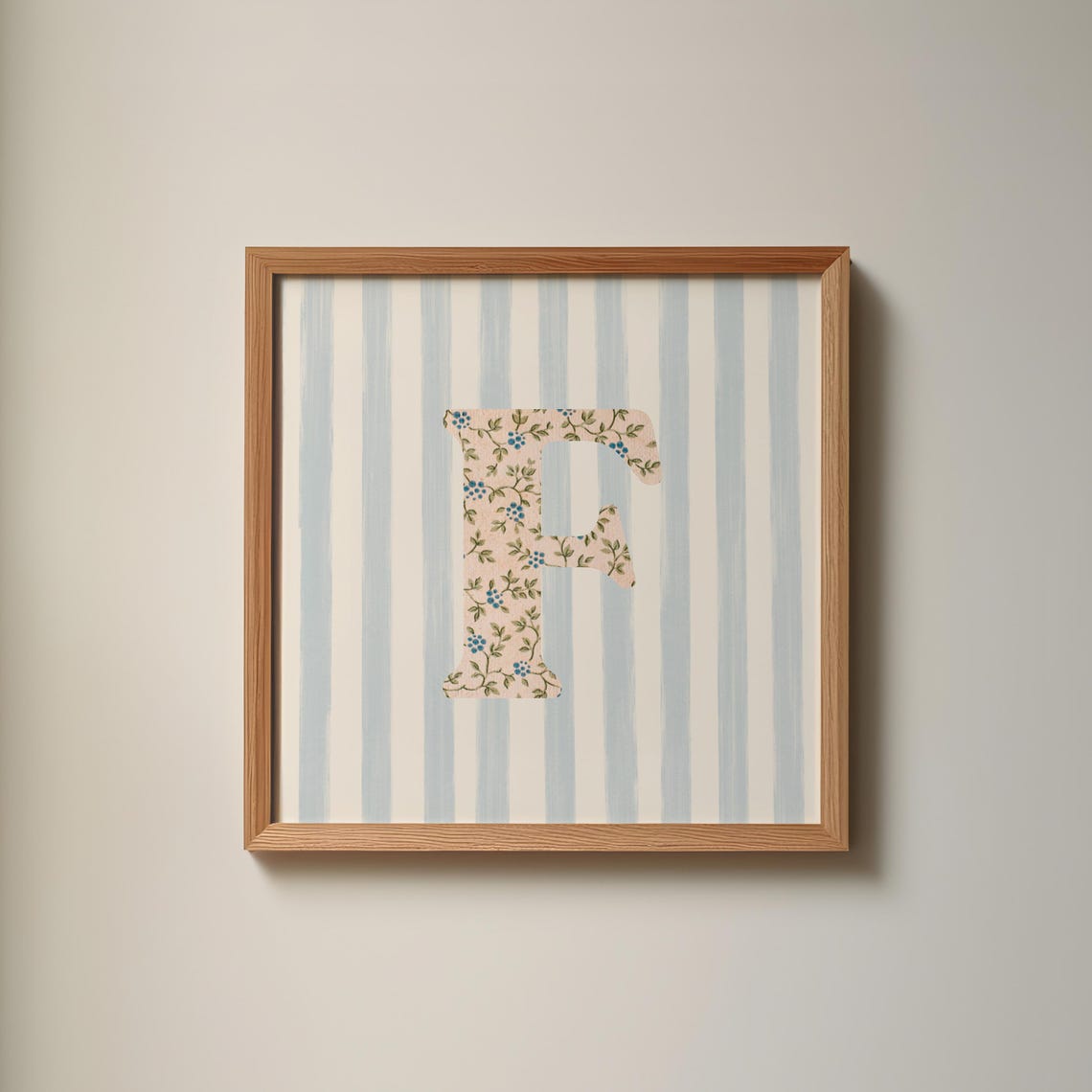 Floral Chintz Letter F Monogram Initial Blue Striped Wall Poster
